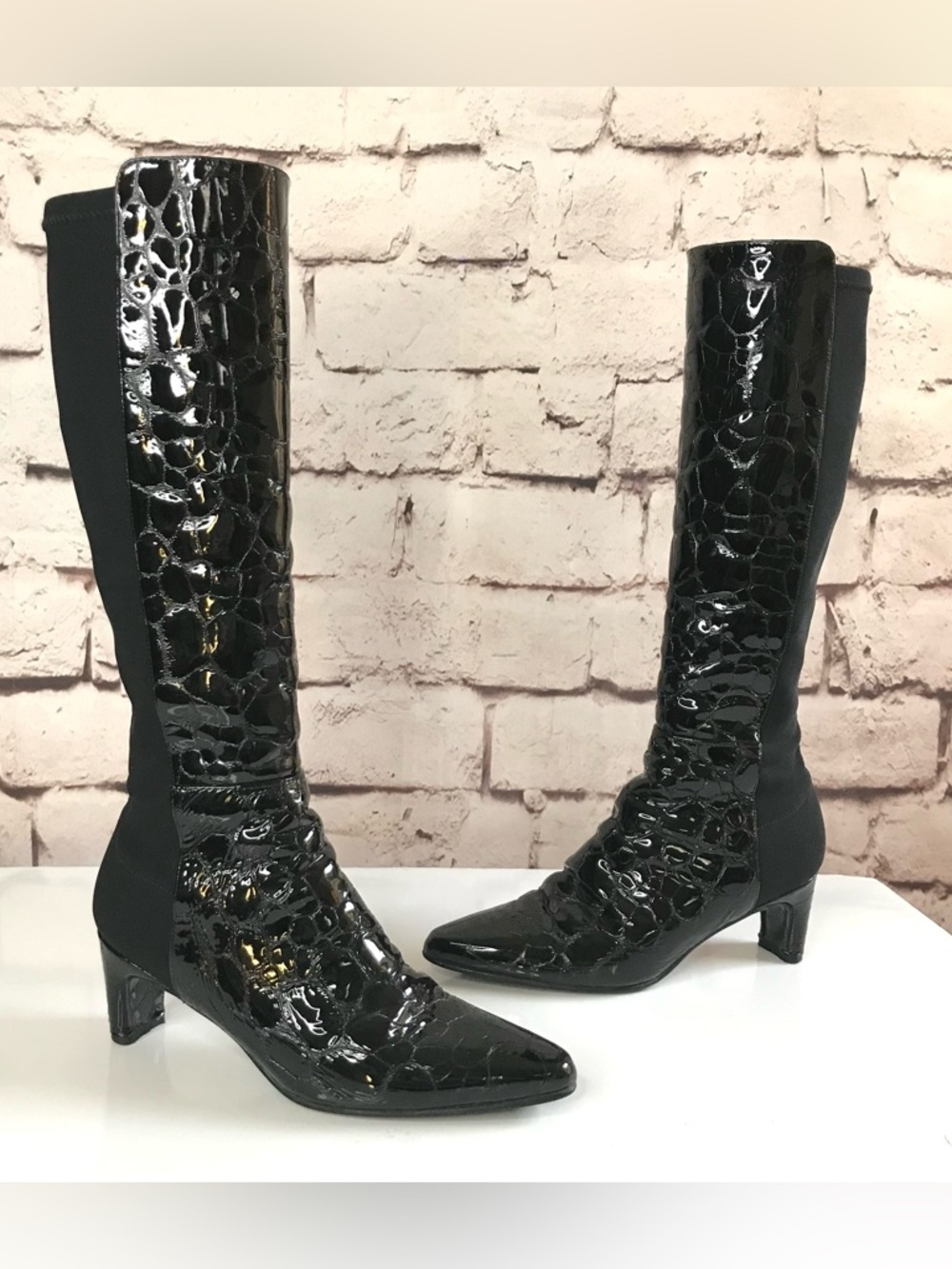STUART WEITZMAN Croc Embossed 50/50 Ltd Edition Black Patent Leather Heel Boot 4